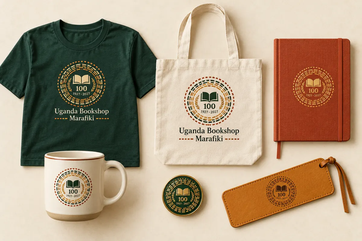Concept of the centenary collection: a green T-shirt and canvas tote marked Uganda Bookshop and Marafiki, with a terracotta notebook, cream mug, gold enamel pin and ochre leather bookmark, each carrying the 100, 1927 to 2027 emblem.