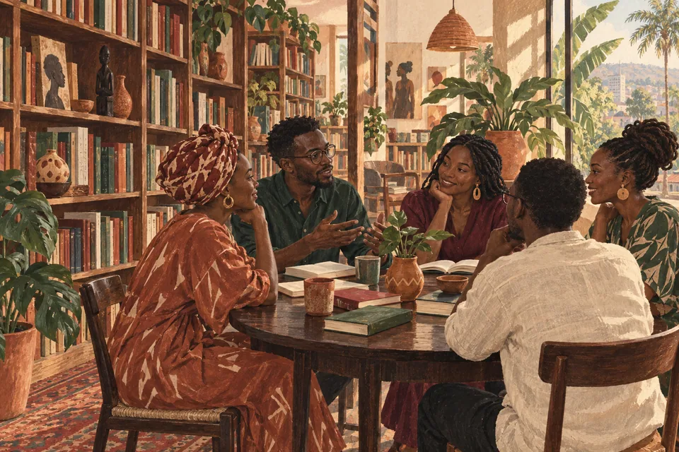 Illustration of readers sharing books around a table in a warm bookshop.