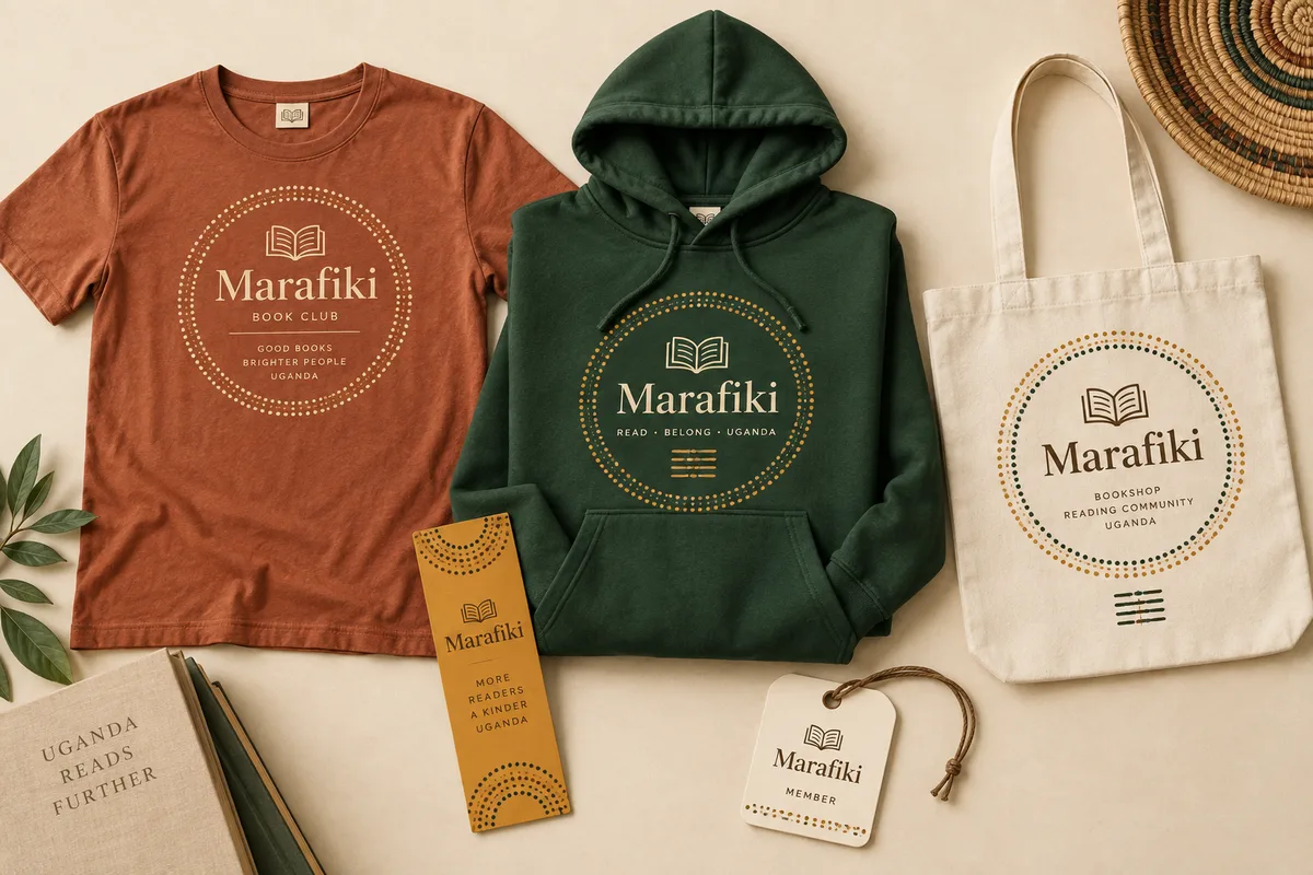 Marafiki member collection: terracotta T-shirt, green hoodie, canvas tote, bookmark and member tag