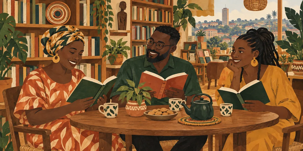 Illustration of three friends sharing books and tea in a warm Kampala bookshop