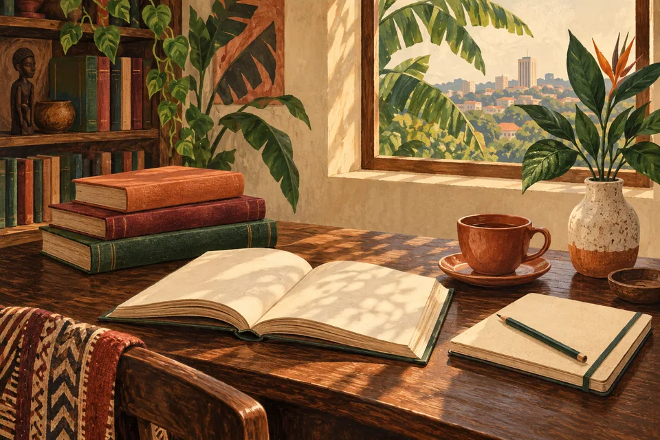 Illustration of books, a reading journal and a cup of tea beside a window.